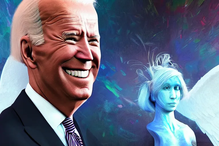 Prompt: crazy glitchy buggy angelic nice beautiful hilarious happy surprised 3 d joe biden portrait meme, featured on artstation, cgsociety, unreal engine, octane, volumetric lighting, rtx on, vibrant, by greg rutkowski, grainy, vhs footage still, intricately detailed, award - winning, amazing, stunning, atmospheric, ambient