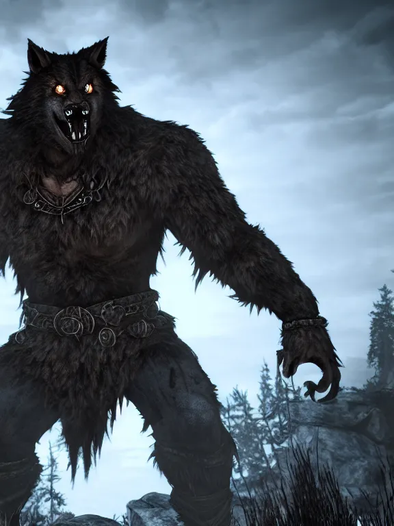 Image similar to cute handsome cuddly burly surly werewolf from van helsing unreal engine hyperreallistic render 8k character concept art masterpiece screenshot from the video game the Elder Scrolls V: Skyrim