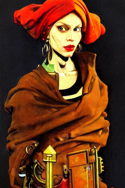 Image similar to full character portrait max mad cyberpunk warhammer 4 0 k, medic sapper not the girl with the pearl earring character design, painting by vermeer, frank frazetta, mucha klimt