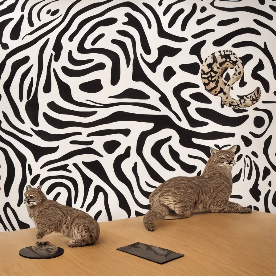 Prompt: beautiful gallery show studio photograph of a giant realistic curvy ceramic sculpture of a hungry bobcat!!!!!, glazed by bridget riley and victor vasarely, placed on a polished wooden table, colorful hyperrealism 8 k trending on artstation