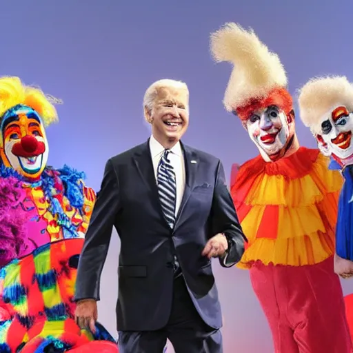 Image similar to A grand circus with Joe Biden in the middle wearing clown costume and colorful clown makeup