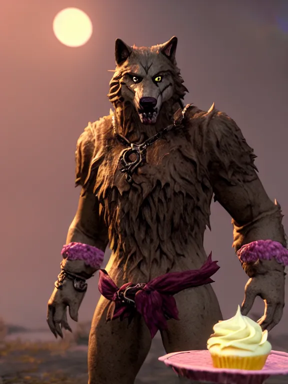 Prompt: cute handsome cuddly burly surly relaxed calm timid werewolf from van helsing holding a cute cupcake with pink frosting unreal engine hyperreallistic render 8k character concept art masterpiece screenshot from the video game the Elder Scrolls V: Skyrim