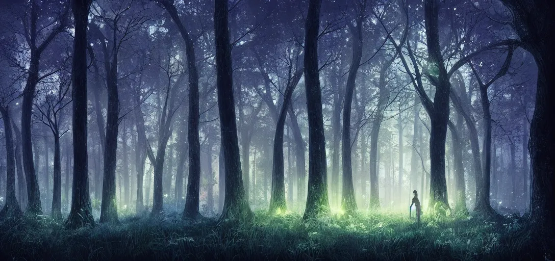 Image similar to beautiful glowing forest at night, futuristic, magical feeling, detailed, digital art