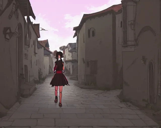 Image similar to anime still frame of a young female walking through a medieval village, dynamic pose, dynamic perspective, detailed silhouette, cel shaded, minimalist, simple, ilya kuvshinov face style