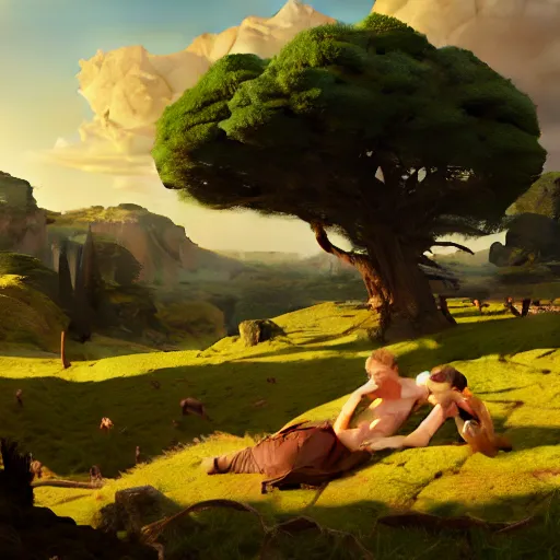 Image similar to highly detailed painting of an idyllic ancient roman pastoral landscape, dramatic, sense of scale, stephen bliss, unreal engine, greg rutkowski, ilya kuvshinov, ross draws, hyung tae and frank frazetta, tom bagshaw, tom whalen, nicoletta ceccoli, mark ryden, earl norem, global illumination, god rays, beautiful
