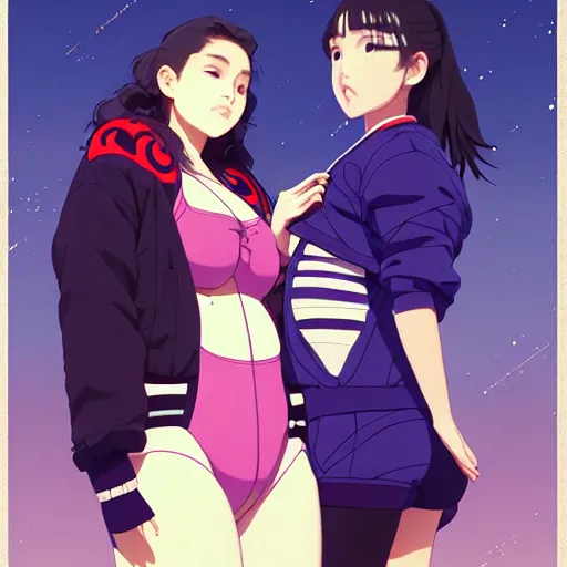 Image similar to a beautiful plus sized model japanese natalie portman, alluring, wearing oversized mayan bomber jacket and leotard with overalls, bulky poofy bomber jacket with mayan patterns, aztec street fashion, gapmoe yandere grimdark, trending on pixiv fanbox, painted by greg rutkowski makoto shinkai takashi takeuchi studio ghibli, akihiko yoshida