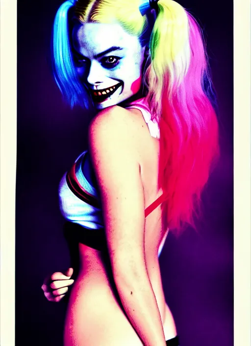 Image similar to 5 0 mm photo of beautiful suicide squad happy margot robbie with long white hair that looks like harley quinn standing on the wet street of dystopian gotham city at night, angry frown, seductive camisole, pinup, glamour fashion pose, watercolor, frank miller, moebius, jim lee, cinematic, ridley scott, lens flare, dramatic lighting, annie leibowitz