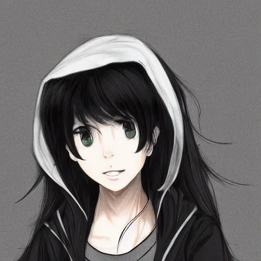 Image similar to portrait of a beautiful korean girl with very long hair and bangs, angular features, angry expression, wearing a black hoodie, in the style of studio trigger, extremely clean lines, anime and manga style, anime concept art