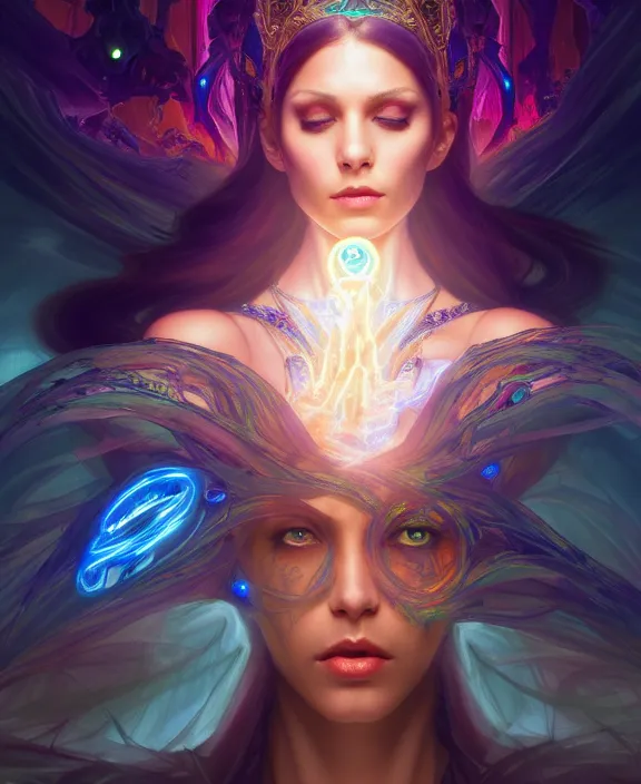 Image similar to a whirlwind of souls rushing inside the metaverse, half body, glowin eyes, tiara with sapphire, pharaoh, android, cyberpunk, d & d, fantasy, intricate, elegant, highly detailed, colorful, vivid color, digital painting, artstation, concept art, art by artgerm and greg rutkowski and alphonse mucha and ruan jia