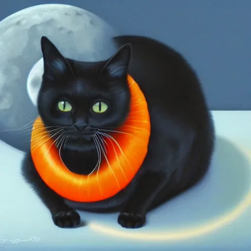 Image similar to an Hyper realistic artwork of a black cat with orange eyes looking at the white moon by Jason de Graaf