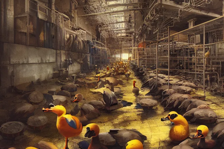 Image similar to A mixed media painting of a duck worker in a factory with little humans on the production line, by Frank Frazetta, Greg Rutkowski, Beeple, post-processing, low angle, masterpiece, cinematic, isometric, volumetric lighting