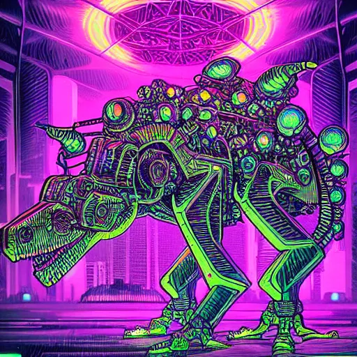 Prompt: beautiful detailed comic illustration, psychedelic fractals made of mecha dinosaurs, cyberpunk, neon