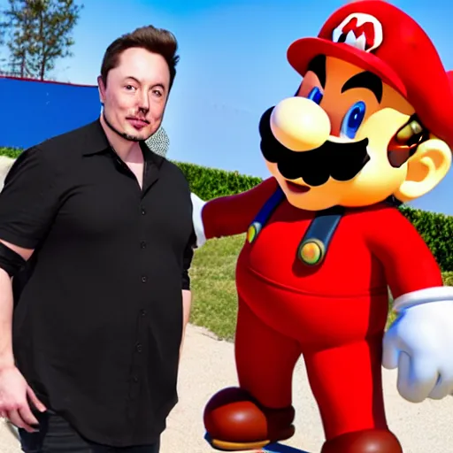 Image similar to mario body with elon musk head, highly detailed, high quality, hd, 4 k, 8 k, canon 3 0 0 mm, professional photographer, 4 0 mp, lifelike, top - rated, award winning, realistic, sharp, no blur, edited, corrected, trending