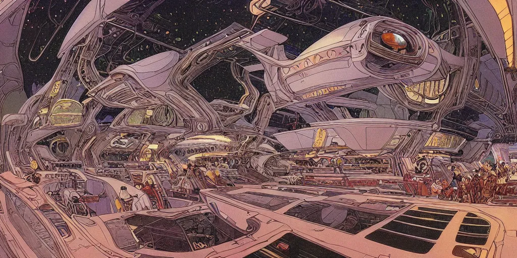 Prompt: cinematic shot of the interior of a sci-fi spaceship made with ornate elven architecture and highly advanced technology, intricate linework, style of Jean Giraud Moebius comic art