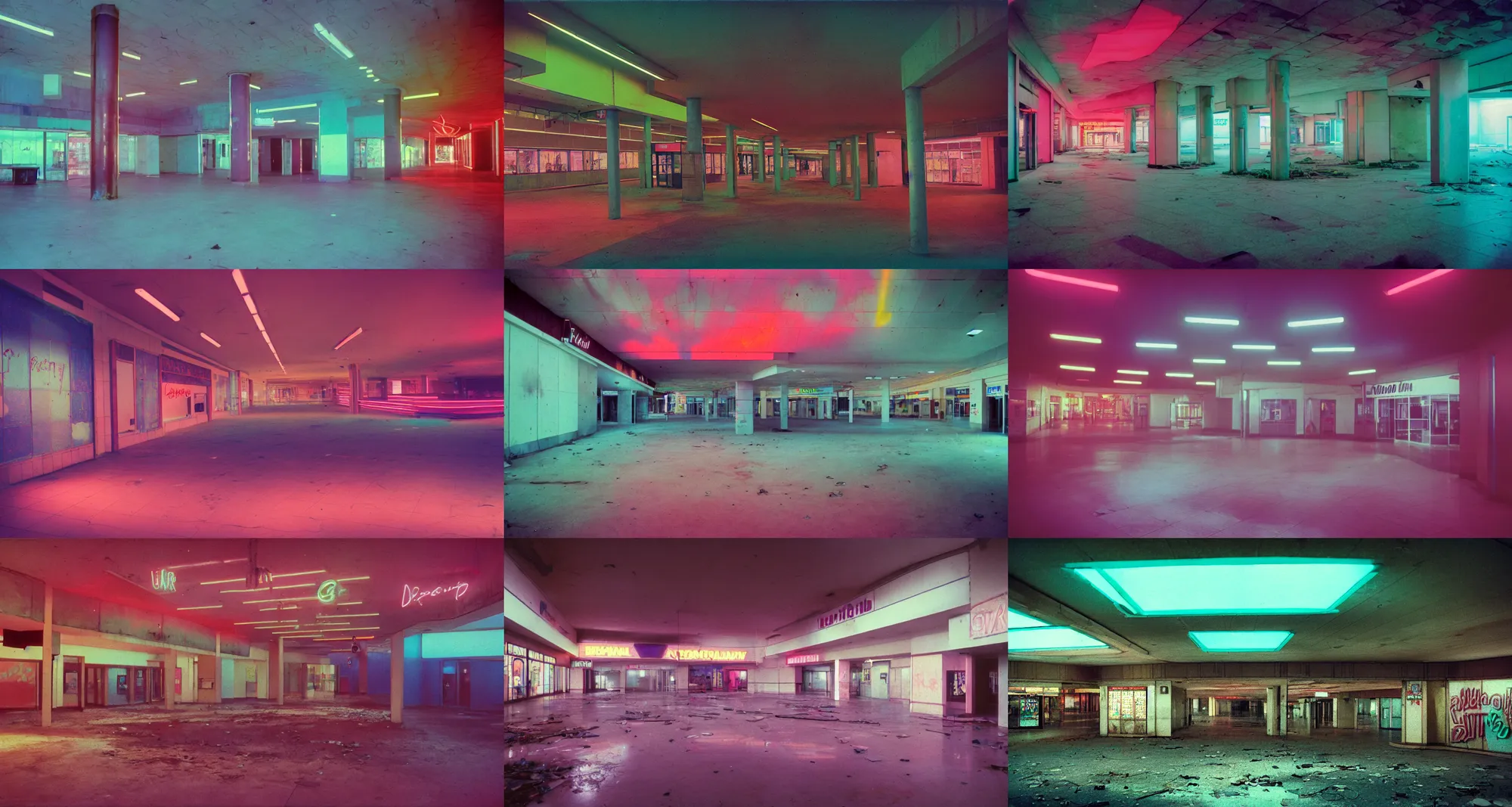 Prompt: an abandoned mall in 1985, neon lights, fountain, dirty, ektachrome photograph, volumetric lighting, f8 aperture, cinematic Eastman 5384 film