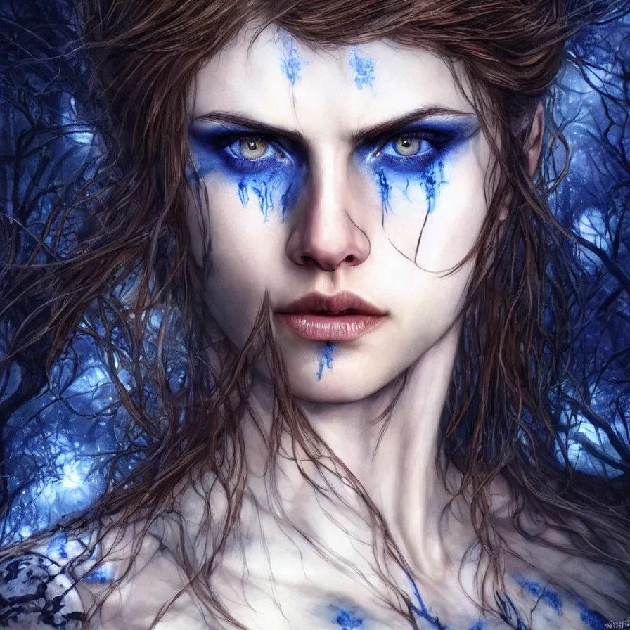 Image similar to photo of a gorgeous nordic female, covered in blue blood, in a dark forest, alexandra daddario face!, realistic, sharp focus, 8 k high definition, insanely detailed, intricate, elegant, art by stanley lau and artgerm, luis royo, greg kutkowski