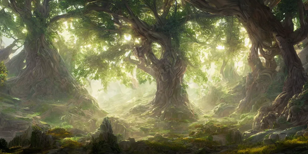 Prompt: a fantasy town nestled within the boughs of yggdrasil, illustration, bright sunlight, sun glints, sunrays, digital art, hyperrealistic, oil painting, fantasy, 8 k, trending on artstation, detailed