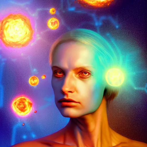 Image similar to I've discovered life, scientist, ecstatic, infinite power, manic, perfect eyes, full body shot, chemical structures, atoms, molecules, portrait, energized face, noble, transformation, vivid colors, elegant, concept art, sharp focus, digital art, Hyper-realistic, 4K, Unreal Engine, Highly Detailed, HD, Dramatic Lighting by Brom, trending on Artstation