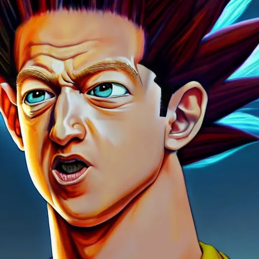 Prompt: ultra realistic portrait painting of mark zuckerberg as super saiyan 3 goku, art by akira toriyama, 4 k, dragon ball artstyle, cel shaded, highly detailed, epic lighting