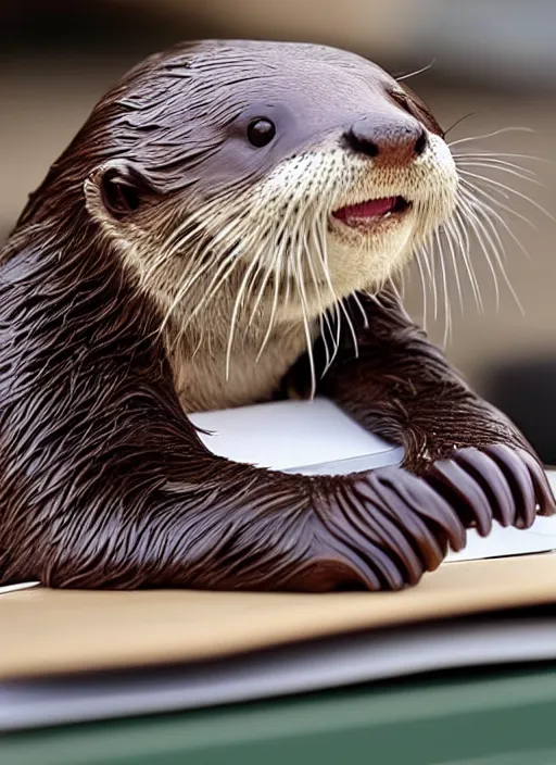 Image similar to cute otter holding a pencil at a desk