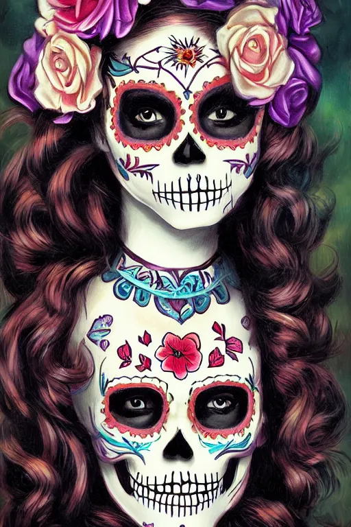 Prompt: Illustration of a sugar skull day of the dead girl, art by ralph horsley