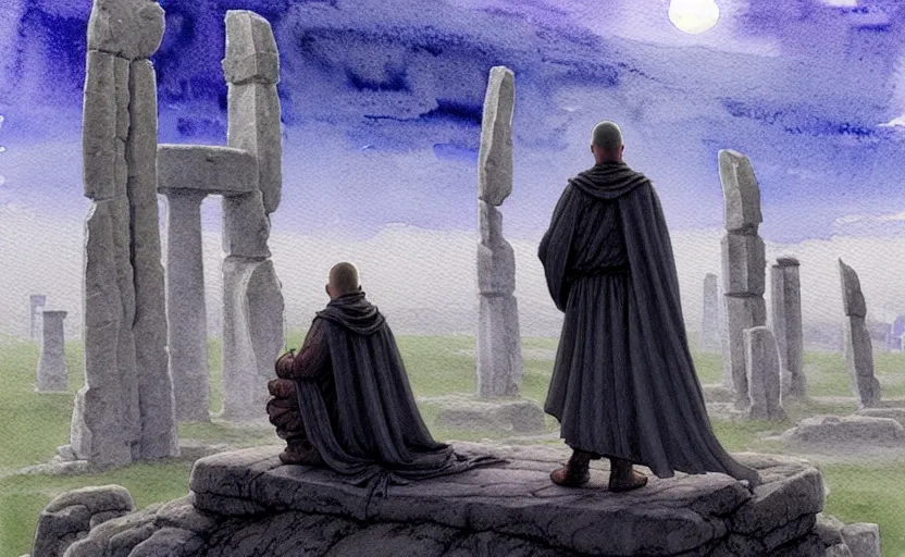 Prompt: a hyperrealist watercolour character concept art portrait of a grey medieval monk kneeling down in prayer in front of a tall grey alien on a misty night in stone henge. a battlecruiser starship is in the background. by rebecca guay, michael kaluta, charles vess and jean moebius giraud