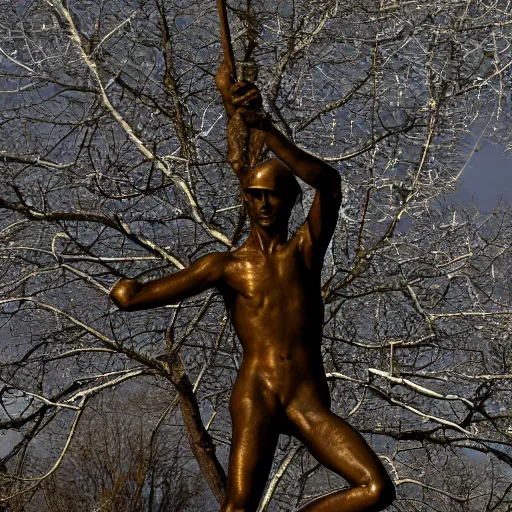 Prompt: high resolution photograph of a bronze cast stick figure sculpture in a roundabout in the style of caspar david friedrich