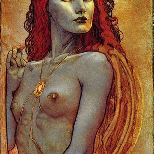 Image similar to half - length portrait of beautiful witch circe in the odyssey, art by moebius, giotto, leonardo da vinci