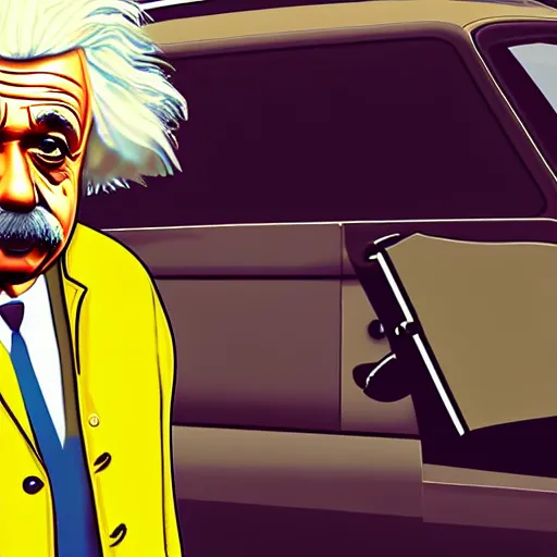 Image similar to albeert einstein in gta v illustrated by stephen bliss