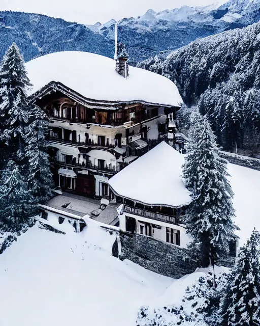 Image similar to hidden mansion in the alps with snow covered roof, zoomed out, shot from drone, iphone capture