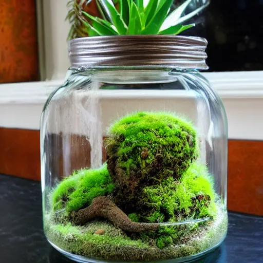Image similar to a terrarium jar with moss and stone, tropical style