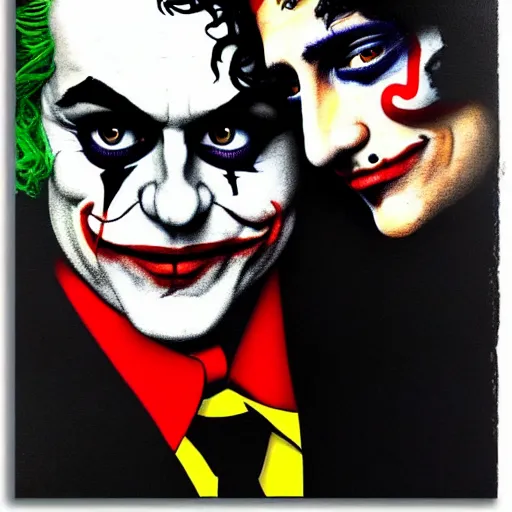 Image similar to ilya yefimovich repin and mimmo rottela and banksy as joaquin phoenix skinny joker, holding hand, lady gaga harley queen, ultra photorealistic, intricate details, pop art style, concept art, confident posse, random object details, 2 colours, warm color, 4 k, ultra smooth, sharp focus