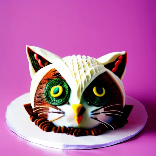 Prompt: photo of a cake, cat decoration, owl decoration, studio lighting, sharp focus