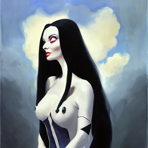 Image similar to greg manchess portrait painting of morticia from addams family as overwatch character, medium shot, asymmetrical, profile picture, organic painting, sunny day, matte painting, bold shapes, hard edges, street art, trending on artstation, by huang guangjian and gil elvgren and greg rutkowski