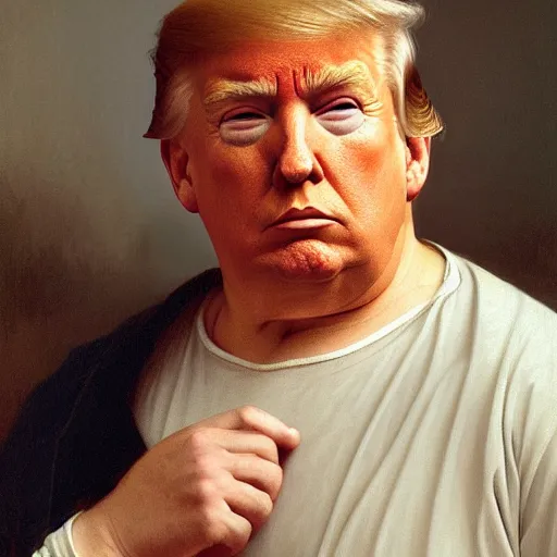 Prompt: Painting of Donald Trump in a tracksuit. Old. Unhappy. No hair. Very Fat. Art by william adolphe bouguereau. Very very very very very very much detailed. 4K. Award winning.