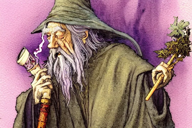 Prompt: a realistic and atmospheric watercolour fantasy character concept art portrait of gandalf with pink eyes lying on his back looking happy and confused and smoking weed out of his pipe with a pot leaf nearby, by rebecca guay, michael kaluta, charles vess and jean moebius giraud