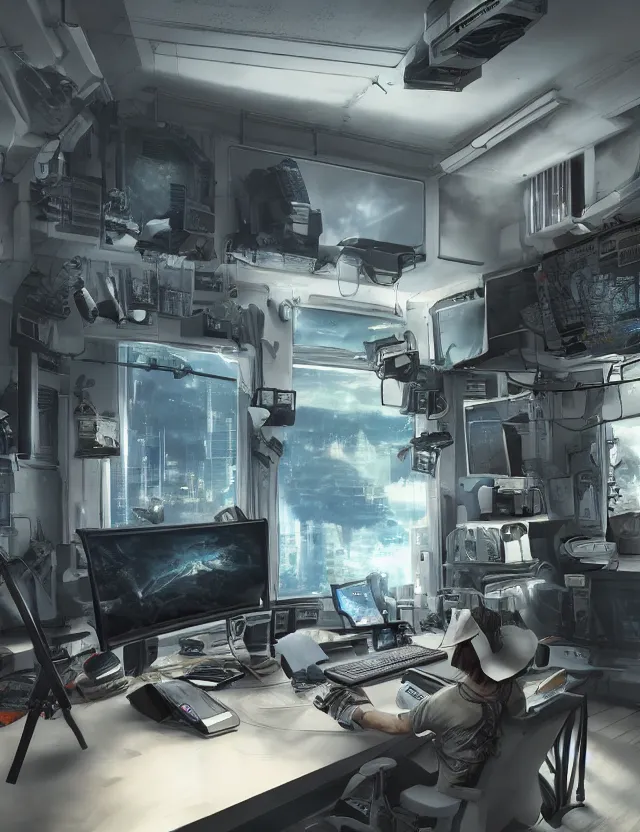 Image similar to artstation scifi scene of a complex computer workstation in a small studio apartment room, many monitors, many electronics, a window view, very detailed, maximalism, ambient occlusion, volumetric light, sun beam, atmospheric haze, unreal engine, hyper realism, realistic shading, cinematic composition, realistic render, octane render, detailed textures, photorealistic, wide shot