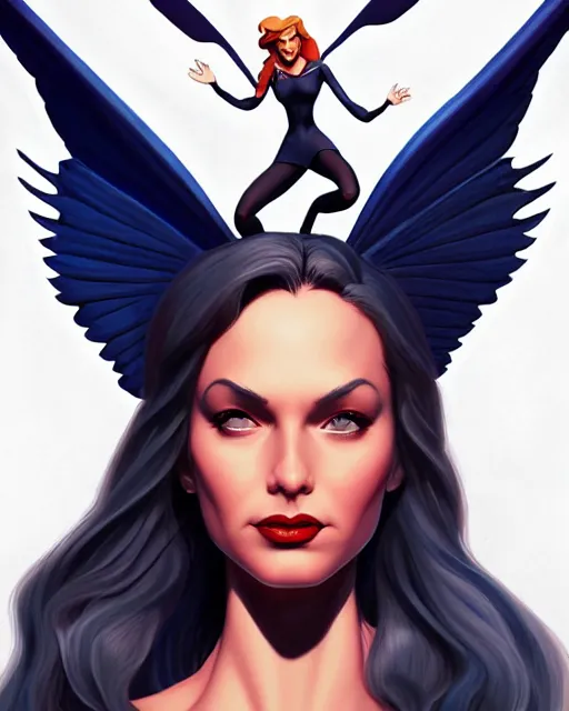 Prompt: 3 / 4 powerful woman with wings, cartoon, digital painting, artstation, concept art, smooth, sharp focus, illustration, disney, symmetry face, fine details. art by alex ross, brittney lee