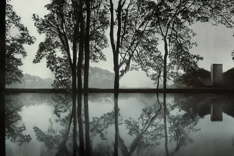 Image similar to an brutalist spaceship forming from a lake surrounded by trees, serene vast landscape, rainy day, beautiful lighting, high depth, ultra realistic, artistic, by annie leibovitz