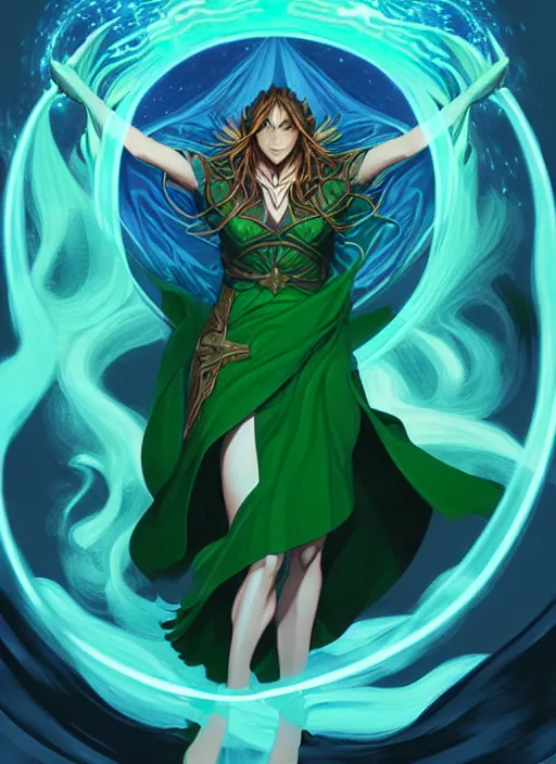 Image similar to style artgerm, joshua middleton, elizabeth hurley as a mage wearing green pelt robes, blue hair, swirling water cosmos, fantasy, dnd, cinematic lighting