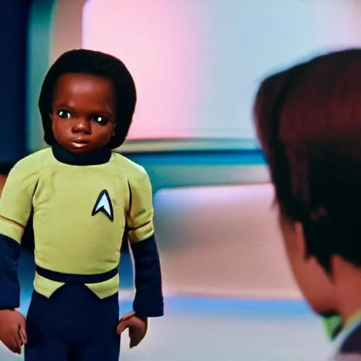 Image similar to toddler Condoleezza Rice as a crew member on Star Trek the original series, XF IQ4, 150MP, 50mm, F1.4, ISO 200, 1/160s, natural light, Adobe Photoshop, Adobe Lightroom, photolab, Affinity Photo, PhotoDirector 365