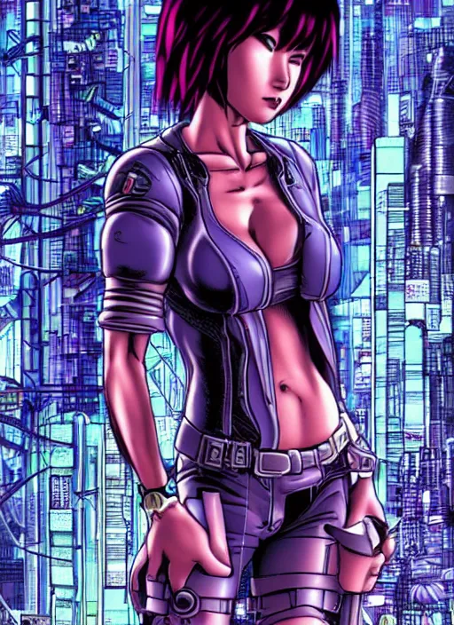 Image similar to motoko kusanagi in grungy cyberpunk megacity, intricate and finely detailed, cyberpunk vaporwave, portrait by j scott campbell