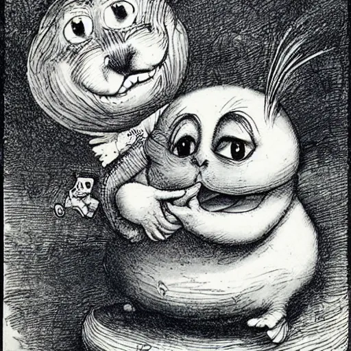 Image similar to cheshire cat knocking humpty dumpty off wall, by john tenniel