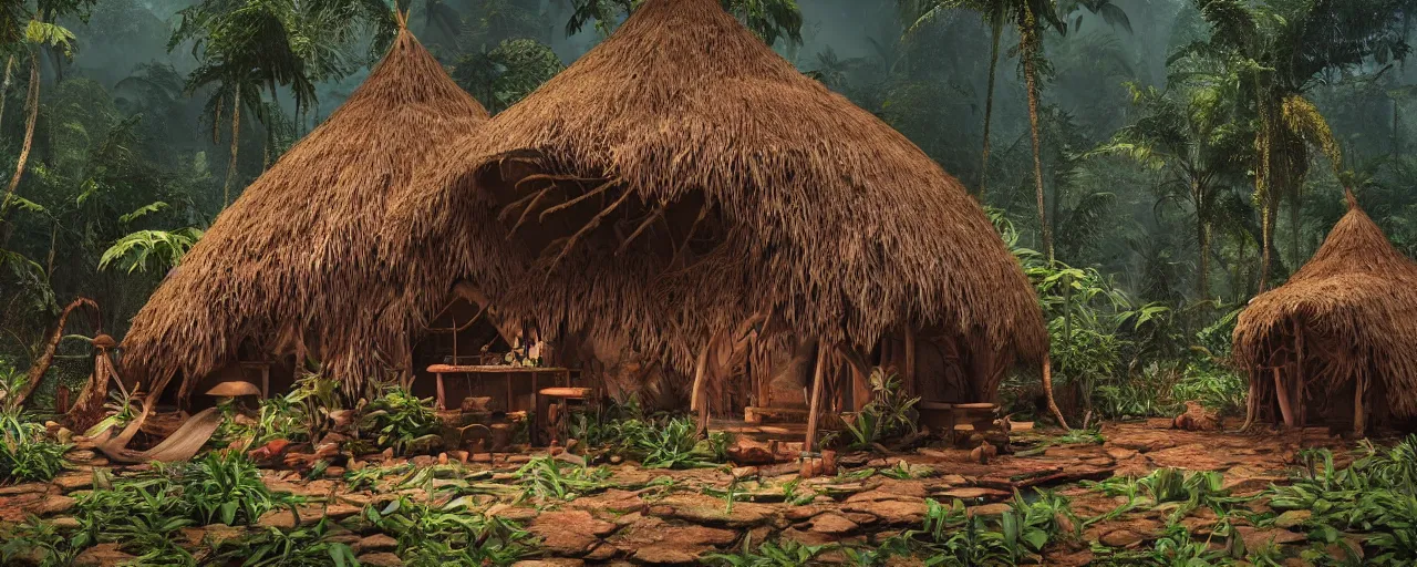 Prompt: an intricate concept art of a tribal hut in the middle of the amazon rainforest, artstation, sci - fi, hyper realistic, concept art, art by dylan cole, cinematic lighting, octane render