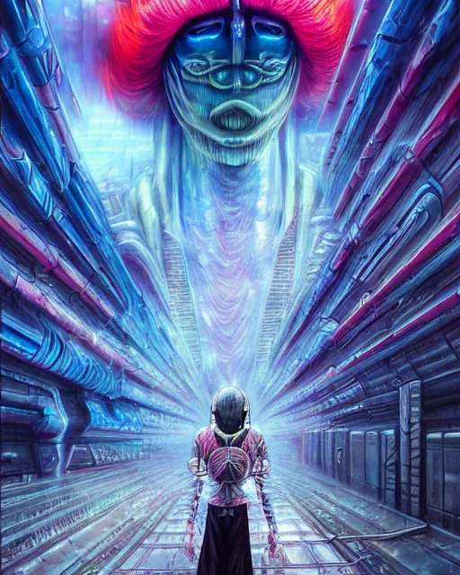 Image similar to neo tokyo arrives from the future, by antonio j. manzanedo, giger, alex grey, android jones, wayne barlowe, philippe druillet, raymond swanland, cyril rolando, josephine wall, harumi hironaka, trending on artstation