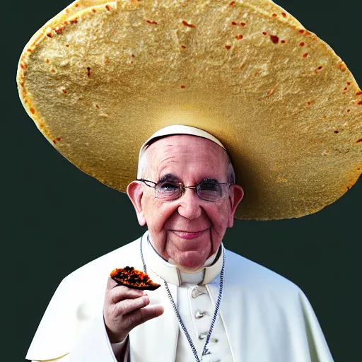 Image similar to pope john paul the 2 nd wearing a sombrero holding a taco, ( sony a 7 r iv, symmetric balance, polarizing filter, photolab, lightroom, 4 k, dolby vision, photography awardm, voque, perfect face )