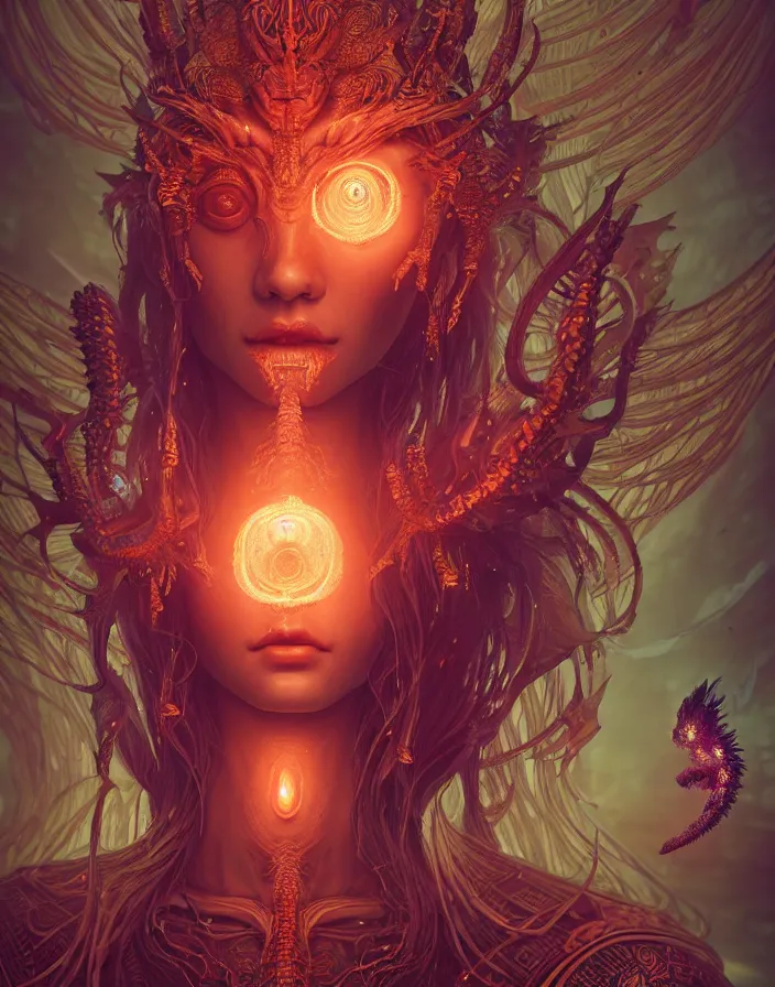 Prompt: demon goddess close-up portrait tribal slavic russian princess, ancient high tech, jellyfish phoenix dragon, butterfly squid, burning halo, intricate artwork by Tooth Wu and wlop and beeple, greg rutkowski, very coherent symmetrical artwork, cinematic, hyper realism, high detail, octane render, unreal engine, 8k, Vibrant colors, Smooth gradients, High contrast, depth of field, aperture f1.2