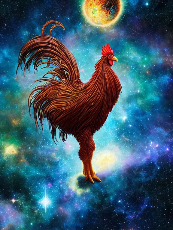 Image similar to a lone giant majestic rooster, centered, floating in space, center of the universe, \ galaxy cosmic nebula, epic, volumetric light, hyperrealistic, glitter, mega detailed, beautiful composition, beautiful lighting, unreal render, 4 k, vincent di fate, john berkey, michael whelan