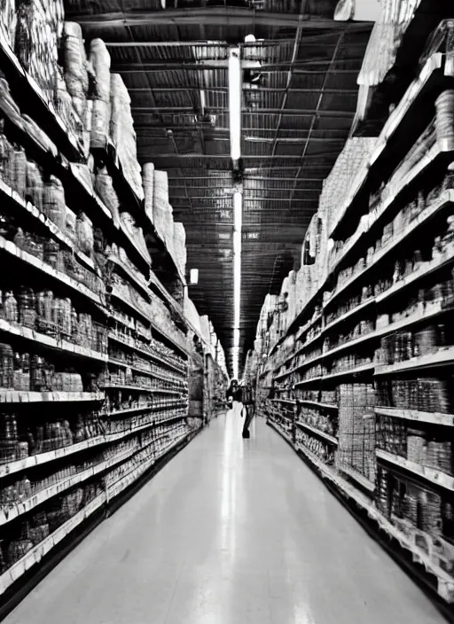 Prompt: being hunted by a monster in a labyrinth of market store aisles. liminal. dramatic lighting