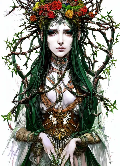 Prompt: Half body portrait of a beautiful dryad high priestess in ornate white closed attire, vibrant colours, chosen by the god, ornate, crown of thorns. In style of Yoji Shinkawa and Hyung-tae Kim, trending on ArtStation, dark fantasy, great composition, concept art, highly detailed, dynamic pose.